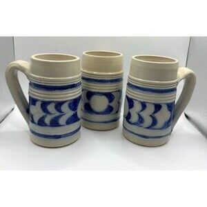 Vintage Williamsburg Pottery Blue Beige Salt Glaze 13 oz Mugs set of 3 Beer Bar